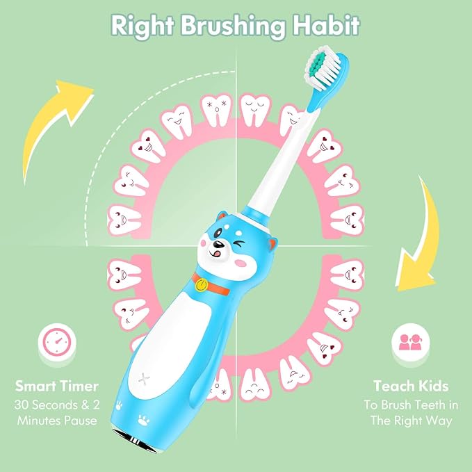 DADA-TECH Kids Electric Toothbrush Rechargeable, Sonic Silicone Teeth Brush with Timer for Children Boys Girls Ages 3+, 3 Modes with Memory, 4 Soft Brush Heads (Blue Shiba Inu Dog)