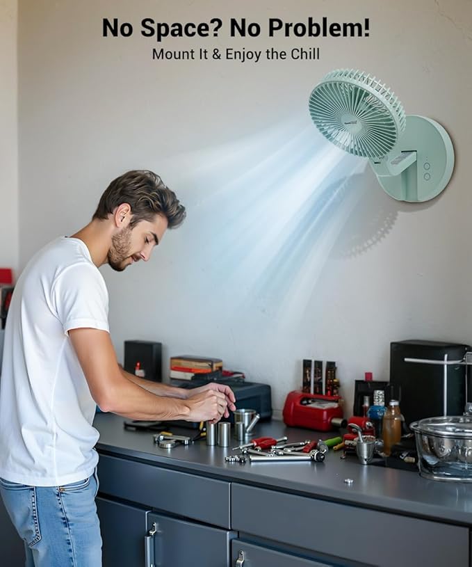 Geek Aire Foldable Battery Operated Fan, Portable Rechargeable USB Floor Table Fan with LED Light, Quiet Oscillating Pedestal Fans that Blow Cold Air for Bedroom Office Camping Travel - Green