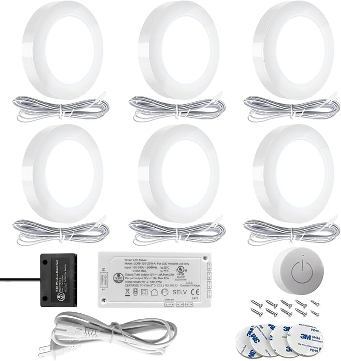 VST Under Cabinet Lighting 12V 2W(12W Total, 60W Equivalent), with Wireless Dimmer Switch, Recessed or Surface Mount Puck Light for Kitchen,Wardrobe,Pantry,Decor, 6 Pack White 4000K…