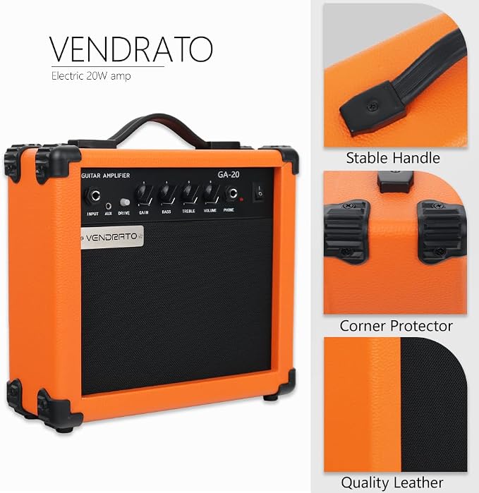Electric Guitar Amplifier 20w amp Orange Color gain bass Treble 3.5mm aux in Drive 6.5mm Guitar Input Headphone Portable for Beginner Starter Practice Travel amp noiseless Cable Pick and Adapter in