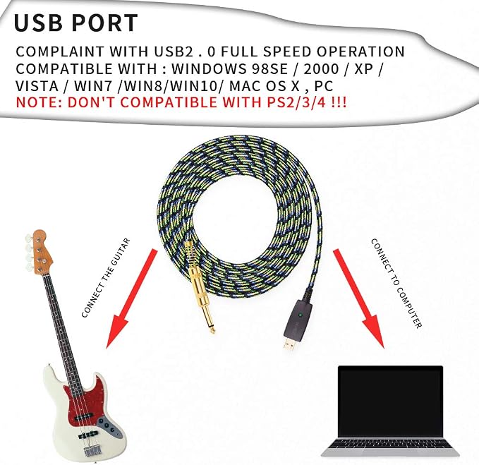USB Guitar Cable 10Ft,USB Guitar Interface Male to 6.35mm 1/4 inch Gold-Plated TS Mono Plug,Nylon Braid Recording Cable Compatible with Windows Mac OS for Guitar,Bass,Microphones,and More