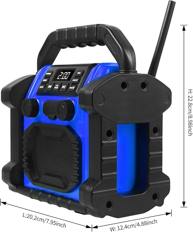 Outdoor Radios Waterproof Bluetooth Speaker, 30W 8000mAh Battery FM Clock Radio,Portable with LED Lights，Anticollision FM Radios for Outdoor/Workshop/Garage (Blue)