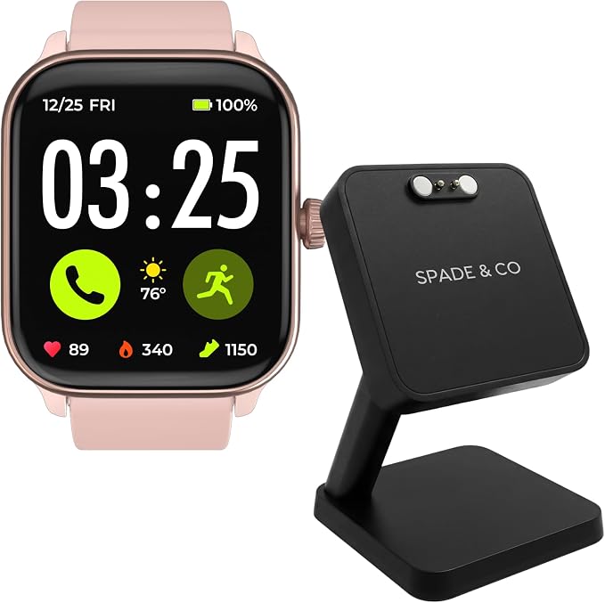 Spade & Co Health Smartwatch 4 Bundle with Charging Dock – Heart Rate, Sleep & SpO2 Monitor, Pedometer, 10+ Day Battery, Answer/Make Calls, IP68 Waterproof, iOS & Android – Rose Gold