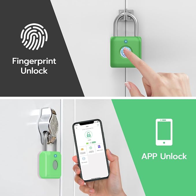 Fingerprint Padlock eLinkSmart Gym Locker Lock with Phone App iOS Watch Metal Keyless Combination Locks for Backpack Suitcase Luggage School Sports Locker Toolbox Hasp Storage Green