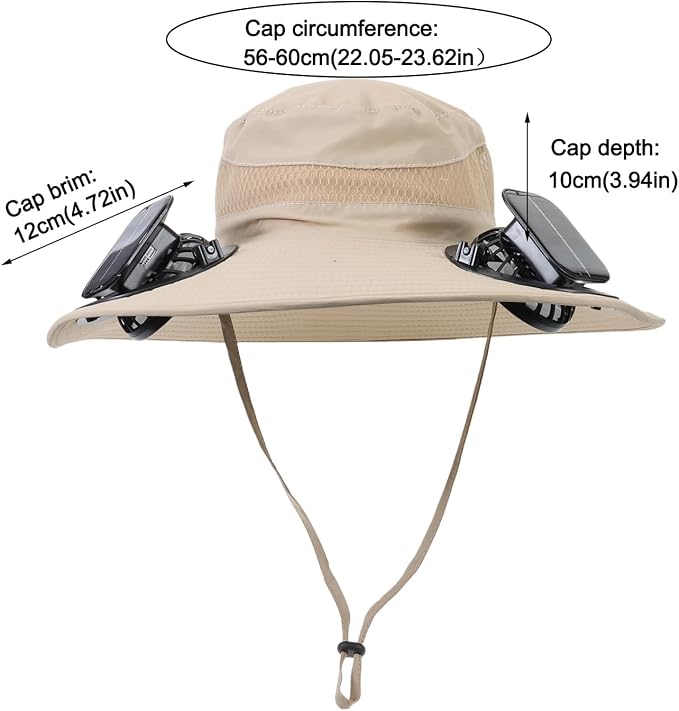 Outdoor Solar Powered Fan Hat for Men Women Breathable Wide Brim Hat with 2 Fans UPF 50+ Fishing Hat Beach Bucket Sun Hat