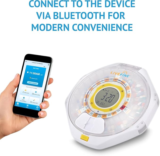 LiveFine Bluetooth Automatic Pill Dispenser, 28-Day Capacity, Sound & Light Alerts, Key Lock, LCD & Easy Setup on the LiveFine App for Prescriptions, Medications, Vitamins & Supplements - Frosted Lid