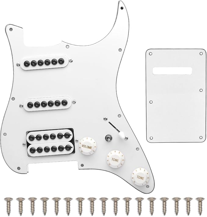 SAPHUE Prewired ST Pickguard Coil Pickups Adjustable Big Screws Loaded Electric Guitar Pickguard for Fender Strandard Straocaster Guitar Parts (SSH,White)