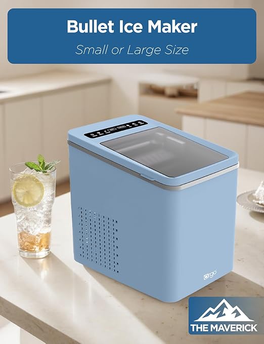 Orgo The Maverick Countertop Ice Maker, Makes 23 lbs. in 24 Hours, Bullet Shaped in 2 Sizes, Ice Maker Ready in 6-8 Minutes, LED Control Panel, Self-Cleaning, Includes Scoop, TMT1653, Blue