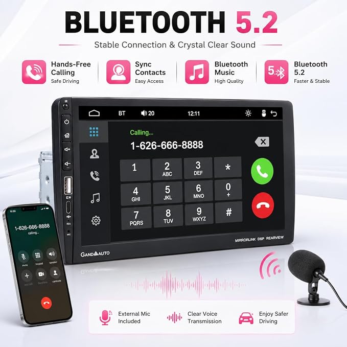 9 Inch Single DIN Car Stereo with Wireless Apple CarPlay Android Auto, Car Radio, 9" IPS Capacitance Touchscreen, Bluetooth 5.2, FM Receiver, Backup Camera,USB/Type-C, subwoofer, Apple Car Play