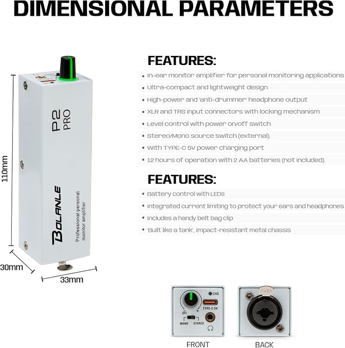 Bolanle P2 USB-C Portable in-Ear Monitor Amplifier, 5V DC/AAA Battery, XLR/TRS Input 3.5mm Output, 7-Color LED, Stereo/Mono Switch for Keyboardists, Drummers, Live Stage