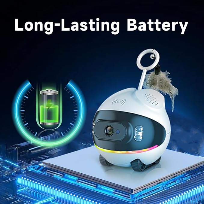 Pet Camera Robot with Cat Teaser: Battery-Operated, Movable with Phone App, 2-Way Talk, Video/Photo, Night Vision