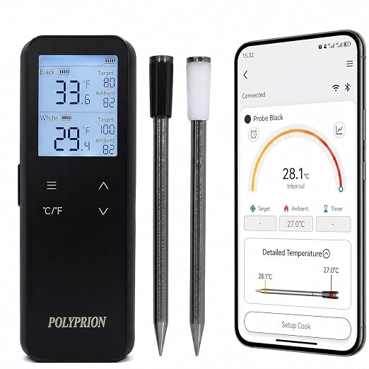 Smart Wireless Meat Thermometer with WiFi & Bluetooth, 2 Probes with 6 Sensors Each, App-Controlled Real-Time Monitoring, IP67 Waterproof for BBQ, Grill, Oven, Smoker, Air Fryer & Rotisserie