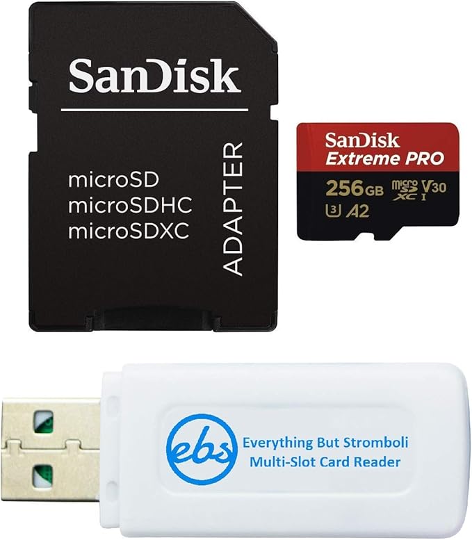 SanDisk microSDXC Extreme PRO 256GB Memory Card with Adapter Works with DJI Mini 4 Pro Action Drone (SDSQXCD-256G-GN6MA) A2 UHS-I U3 4k Bundle with 1 Everything But Stromboli MicroSD & SD Card Reader