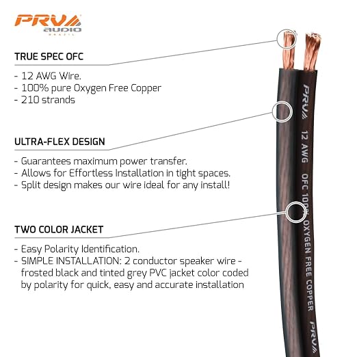 PRV AUDIO 12 Gauge (AWG) Speaker Wire Premium Oxygen-Free Copper OFC - 100 Feet Roll (Black/Grey) Ultra Flex Cable for Car Home Audio Applications