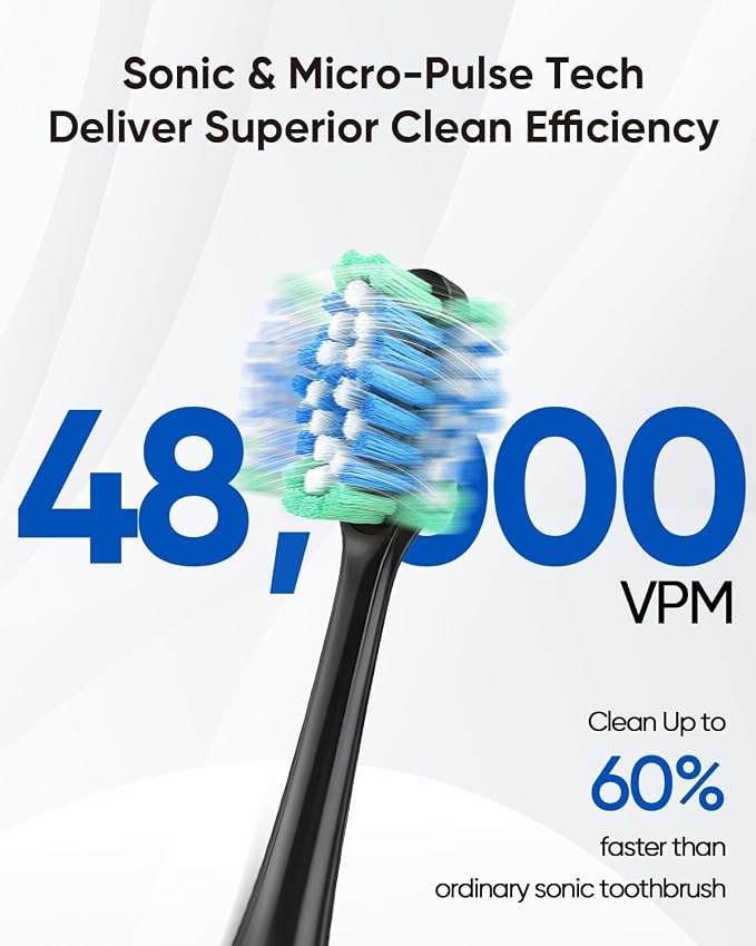 MySmile UC605 Electric Toothbrush for Adults, Rechargeable Sonic Electronic Toothbrush with 6 Brush Heads and Travel Case, 2 Mins 5 Modes Smart Timer, 48000VPM (Black)