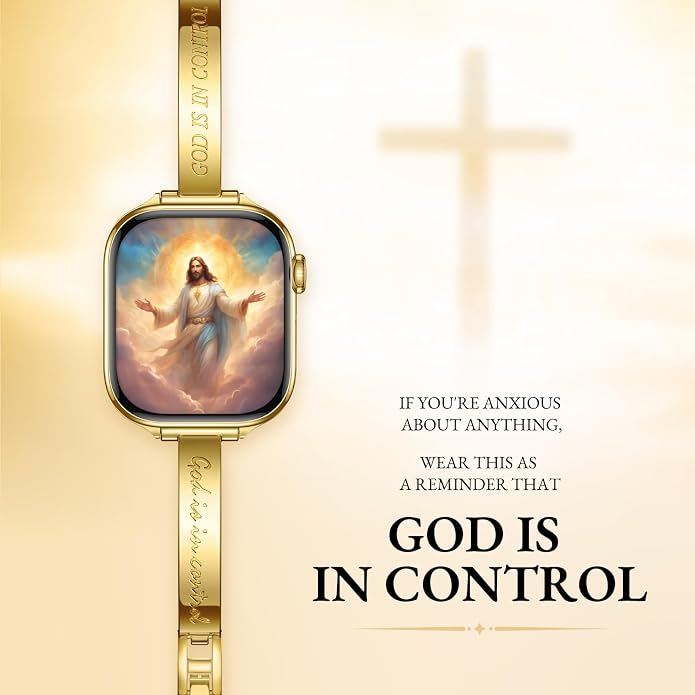 Missair God is in Control Bands Compatible with Apple Watch Band 38mm 40mm 41mm 42mm 44mm 45mm 46mm 49mm for Women, Stainless Steel lettering Metal Strap for iWatch Series 11 10 9 8 7 6 5 4 SE Ultra