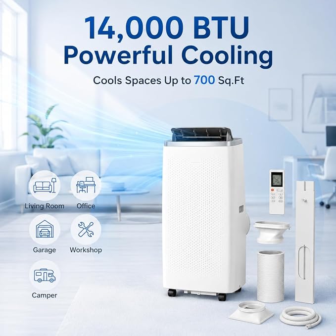 GarveeLife 14,000 BTU Portable Air Conditioners, Cools Large Room Up to 750 Sq.Ft, 4-in-1 AC Unit with Dehumidifier & Fan, Remote Control, Quiet Sleep Mode, Energy Efficient for Home Office Garage