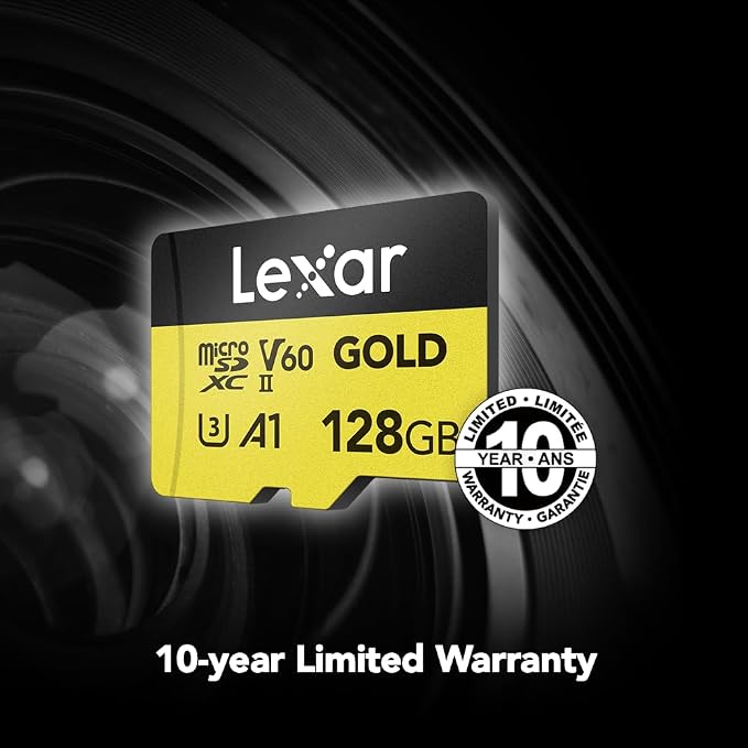 Lexar 128GB Professional Gold Micro SD Card, UHS-II, C10, U3, V60, A1, Full HD, 4K, Up to 280/100 MB/s microSDXC Memory Card, for Drones, Action Cameras, Portable Gaming Devices (LMSGOLD128G-BNNNG)