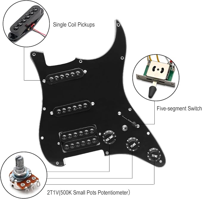 SAPHUE Prewired ST Pickguard Coil Pickups Adjustable Big Screws Loaded Electric Guitar Pickguard for Fender Strandard Straocaster Guitar Parts (SSH,Black)