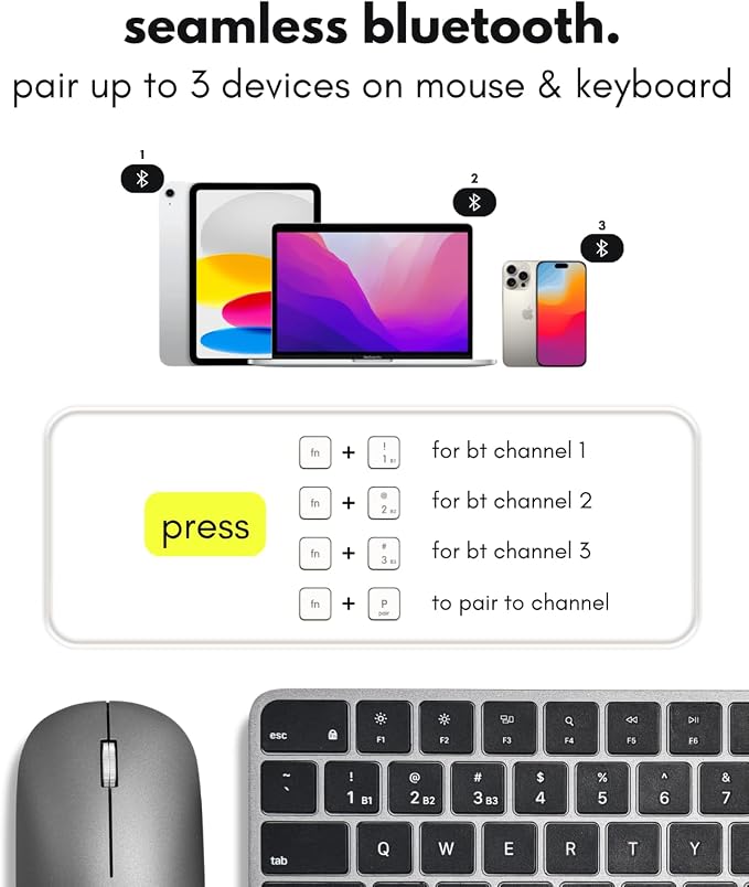 Macally Apple Wireless Keyboard and Mouse for Mac - Dual Mode (Bluetooth + Wired) - Multi-Device, Rechargeable - Mini Wireless Keyboard and Mouse Combo for MacBook, iPad, Mac Mini/Air/Pro (Space Gray)