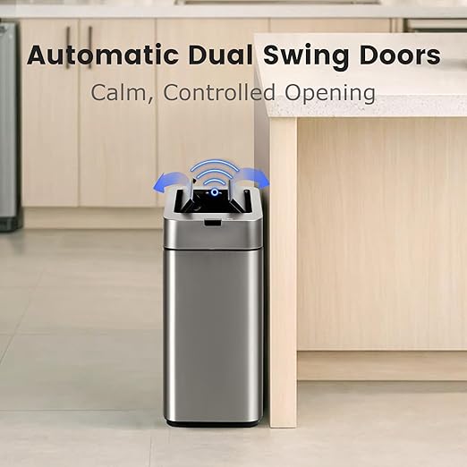 SYNCVIBE Sensor Trash Can with Butterfly Lid 2.6 Gallon Rectangular Automatic Garbage Can, Stainless Steel Trash Bin, Slim Waterproof Wastebaskets with Lid Soft Close for Under Counter, Silver