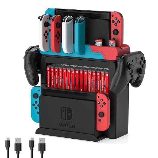 Switch Game Storage with Controller Charger for Nintendo Switch & OLED Model, Switch Charging Dock Charges 6 Joycons, Switch Gaming Accessories Holder Desk, Switch Game Gift Card Organizer (Red＆Blue)