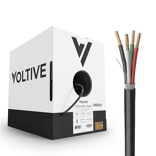 Voltive 16/4 Speaker Wire, in-Wall CL3 & Direct Burial, Black, 500ft - 16AWG, 4 Conductors, Stranded Oxygen-Free Copper, UL Listed - V-1211-5