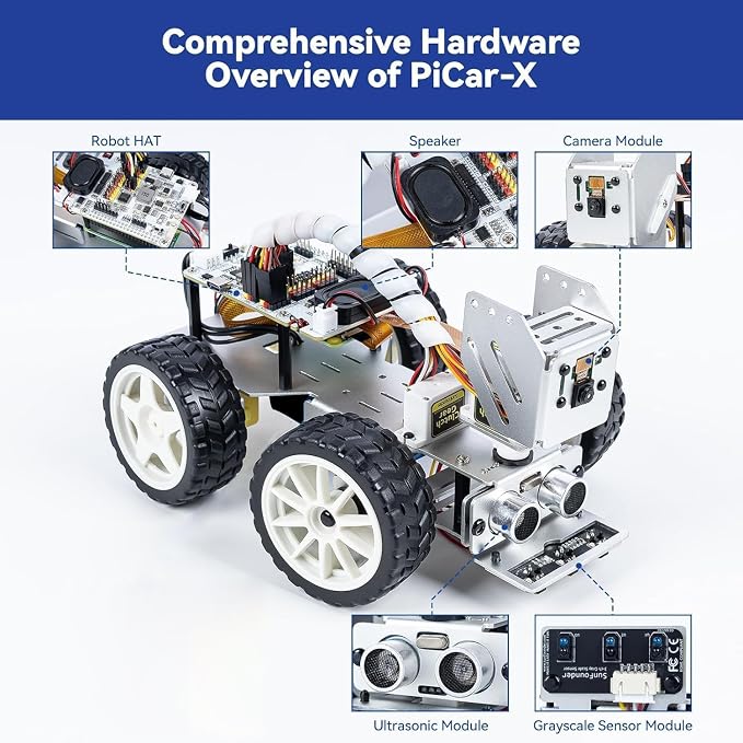 SunFounder PiCar-X AI Video Robot Car Kit with Raspberry Pi Zero 2 W+32G TF Card, ChatGPT-4o Enabled with Video Recognition, Python, Scratch, Camera, Mic