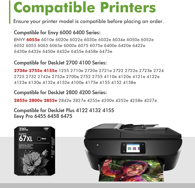 67 67XL 2755e Black Ink Cartridges Replacement for HP67 XL Black Ink Work for HP Deskjet 2855e 2755e 2700 2800e Envy 6055e 6000 6400 6455e Deskjet 4255e 4155e 2700e 2852e 2800 2827e Printer 2-Pack