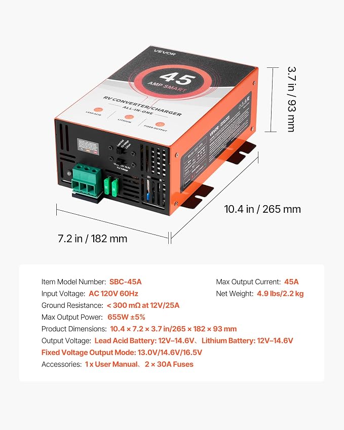 VEVOR RV Power Converter, 45 Amp, 110V AC to 12V DC RV Converter Battery Charger, Multi Stage Smart Charging, 13V to 16.5V Operating Range, Compatible with Lithium & Lead Acid Battery, for Camper