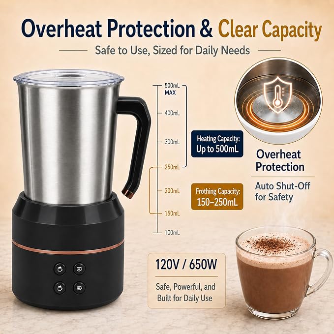 Electric Milk Frother 8.5oz, 4-in-1 Automatic Milk Steamer for Coffee, Latte, Cappuccino, Detachable Stainless Steel Cup, Dishwasher Safe, Magnetic Whisk, Precise Spout for Latte Art, (Black)