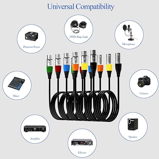 Tisino 6-Pack Multi-Colored XLR Mic Cable - 7.6m/25ft, Balanced XLR Male to Female Connectors for Recording Studio, Podcast, Mic Mixer, Amplifier
