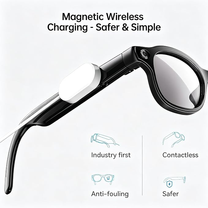 2026 New AI Smart Glasses with 32MP Camera, 4K HD Video Recording, AI Voice Assistant, Real-Time Translation, Open-Ear Speakers, Wireless Charging, Bluetooth, 3 Lenses, for Work and Travel