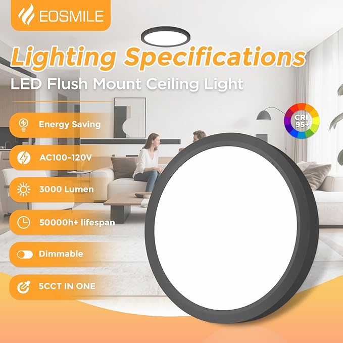 1Pack 12 Inch Black LED Flush Mount Ceiling Light, 25W, 3000LM, CRI 95+, 2700K-5000K 5Color Selectable & Dimmable, Thin Flat Surface Mount Lights for Bedroom, Hallway, Dining Room, Garage