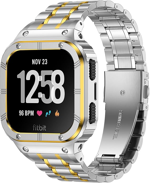 BAITEYOU Stainless Steel Watch Band with Case Compatible for Fitbit Versa/Fitbit Sense Bands, Rugged Protective Bumper Metal Wristbands for Men Women