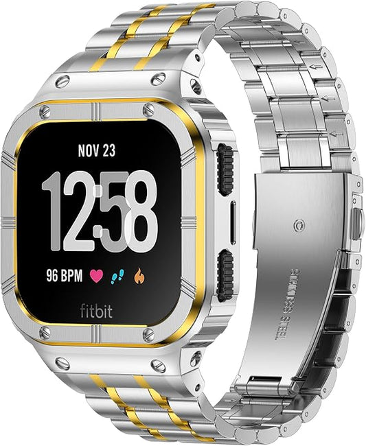 BAITEYOU Stainless Steel Watch Band with Case Compatible for Fitbit Versa/Fitbit Sense Bands, Rugged Protective Bumper Metal Wristbands for Men Women