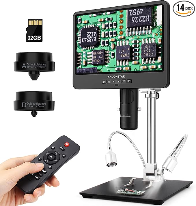 Andonstar AD249S-M 10.1 Inch HDMI Digital Microscope 2000x for Adults, 3 Lens 2160P UHD Video Record, Soldering Microscope for Electronics Repair, Error Coins, Pro Boom Arm Stand, Windows Compatible