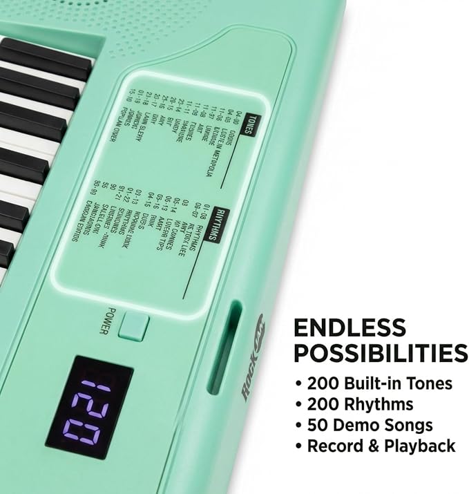 RockJam 49 Key Keyboard Piano, Portable Electronic Music Keyboard with Speakers, USB-C Power or Battery Operation, Headphone Input, 200 Tones, 200 Rhythms, Note Stickers & Lessons