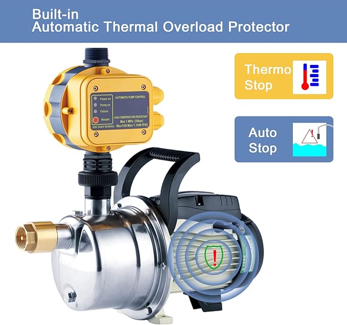 TDRSUPER 1/2 HP Water Pressure Booster Pump with Smart Controller, 845GPH, 110V, Stainless Steel Well Pump, Automatic Water Transfer Jet Pump for Home, Garden, Lawn, Irrigation