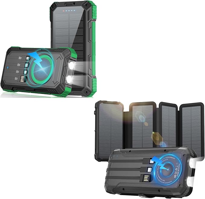 Solar Power Bank 49800mAh 22.5W QC3.0 Fast Charging Built in 4 Cables andNymzixt Solar Power Bank 20000mAh Portable Charger Built-in 3 Cables and Wireless Charging
