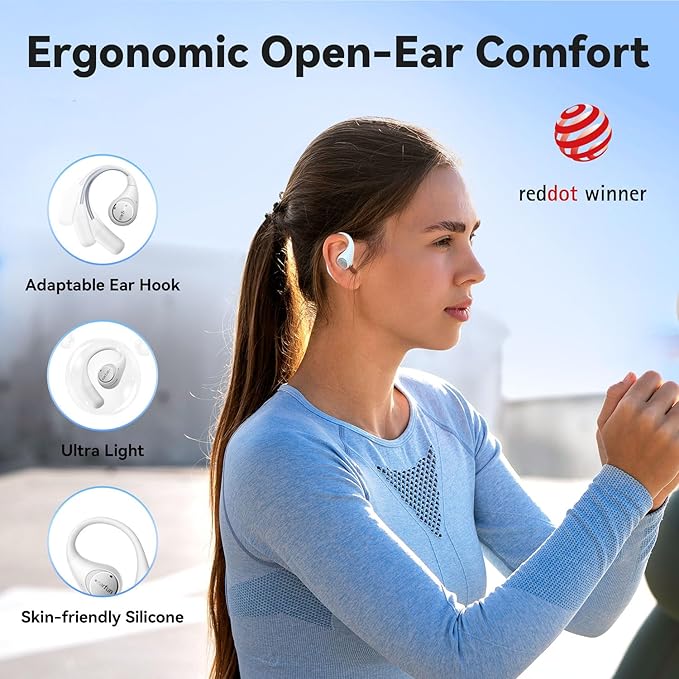 EarFun OpenJump Open Ear Headphones, Wireless Earbuds with Ergonomic Earhook, Hi-Res Sound, LDAC, 4 Mics ENC Call, 42H Playtime, Multipoint Connection, IPX7 Waterproof, Snug Fit for Workout, White