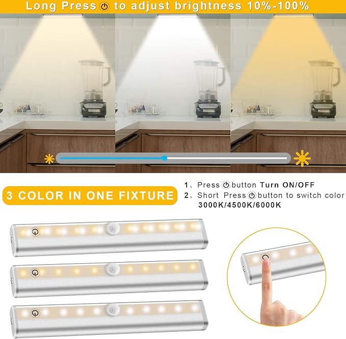 Diomart Under Cabinet Lighting with Remote, 3 Color Temps,4 Pcs | Wireless Rechargeable, 20-LED Dimmable, 10 Level Brightness, Magnetic Stick-on Anywhere, Touch Night Light Kitchen, Wardrobe