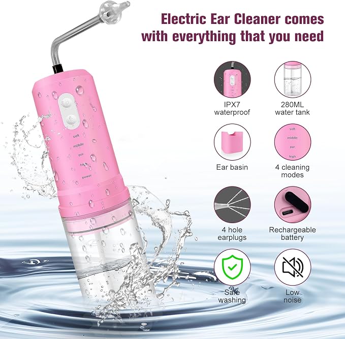 Ear Wax Removal, Electric Ear Irrigation Flushing System, Water Powered Ear Cleaner with 4 Pressure Modes, 6 Reusable Replacement Tips, Safe and Effective Ear Cleaning Tool for Adults (Pink)