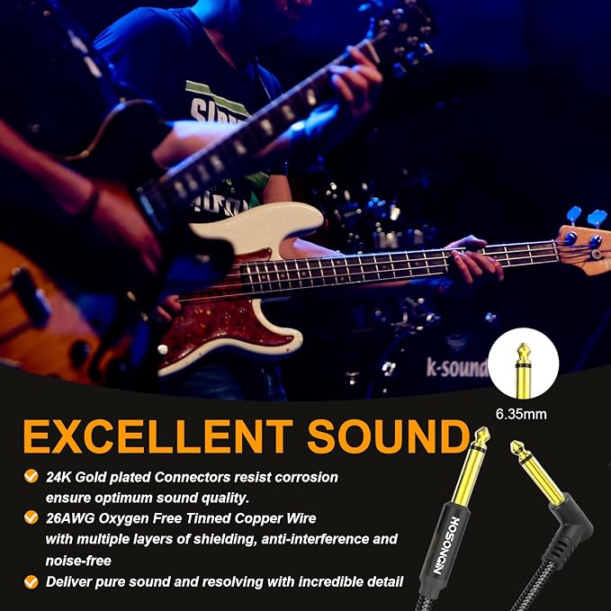 HOSONGIN Guitar Cable 3.3 feet 2 Pack - 1/4 Inch Electric Instrument Cable Bass AMP Cord for Electric Guitar, Bass Guitar, Electric Mandolin, Pro Audio - Black Nylon Braided, 24K Gold Plated Plug
