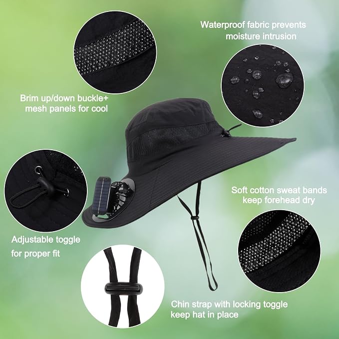 Outdoor Solar Powered Fan Hat for Men Women Breathable Wide Brim Hat with 2 Fans UPF 50+ Fishing Hat Beach Bucket Sun Hat