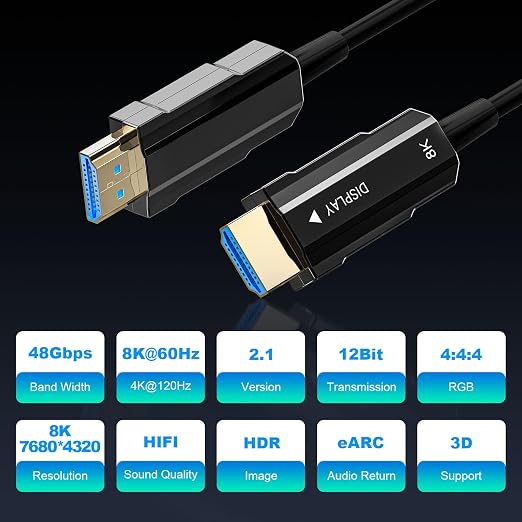 8K HDMI 2.1 Cable 40ft, Long Fiber Optic HDMI Cable, Ultra High Speed Thin HDMI Cord, 48Gbps, 8K@60Hz 4K@120Hz, Dynamic HDR, eARC, HDCP 2.2&2.3, 3D, for HDTV Monitor Game Laptop Xbox PS4/PS5