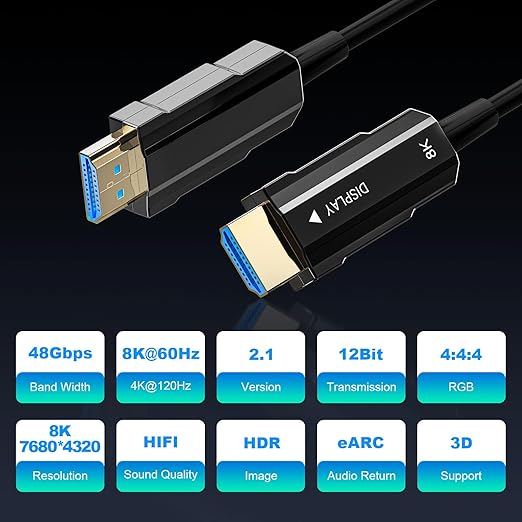8K HDMI 2.1 Cable 3.3ft, Fiber Optic HDMI Cable, Ultra High Speed Thin HDMI Cord, 48Gbps, 8K@60Hz 4K@120Hz, Dynamic HDR, eARC, HDCP 2.2&2.3, 3D, for HDTV Monitor Game Laptop Xbox PS4/PS5
