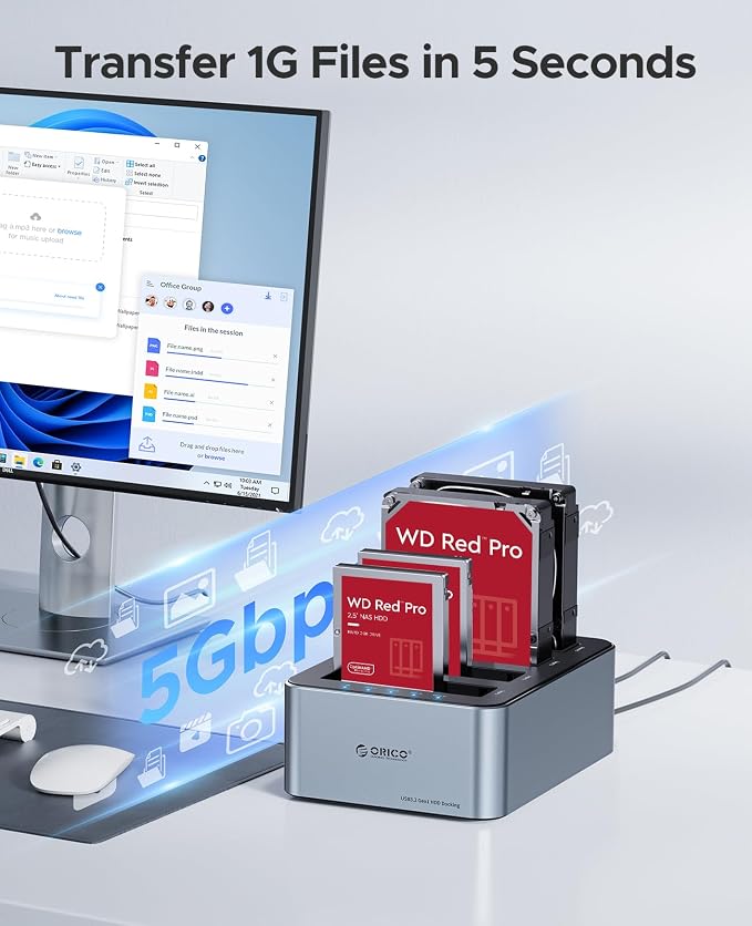 ORICO USB-C Hard Drive Docking Station with Offline Clone 4 Bay Aluminum USB 3.2 Gen 1 for 2.5''/3.5'' SSD HDD Up to 20TB(4*20) -6646C3