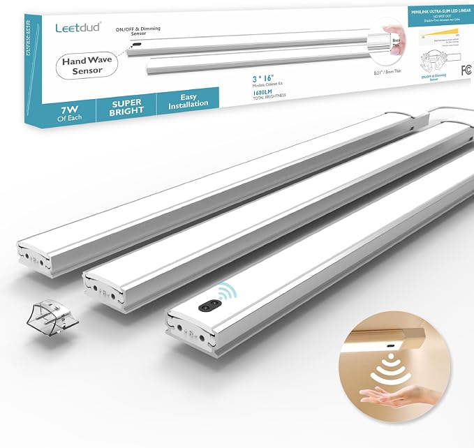 Leetdud Hand Wave Under Cabinet LED Lighting Plug in, 16 Inch 3 Pcs Dimmable Linkable Ultra Thin Aluminum Alloy Housing, 4000K Natural White Motion Sensor Counter Lights for Kitchen, Shelf, Cupboard