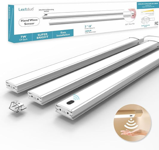 Leetdud Hand Wave Under Cabinet LED Lighting Plug in, 16 Inch 3 Pcs Dimmable Linkable Ultra Thin Aluminum Alloy Housing, 4000K Natural White Motion Sensor Counter Lights for Kitchen, Shelf, Cupboard